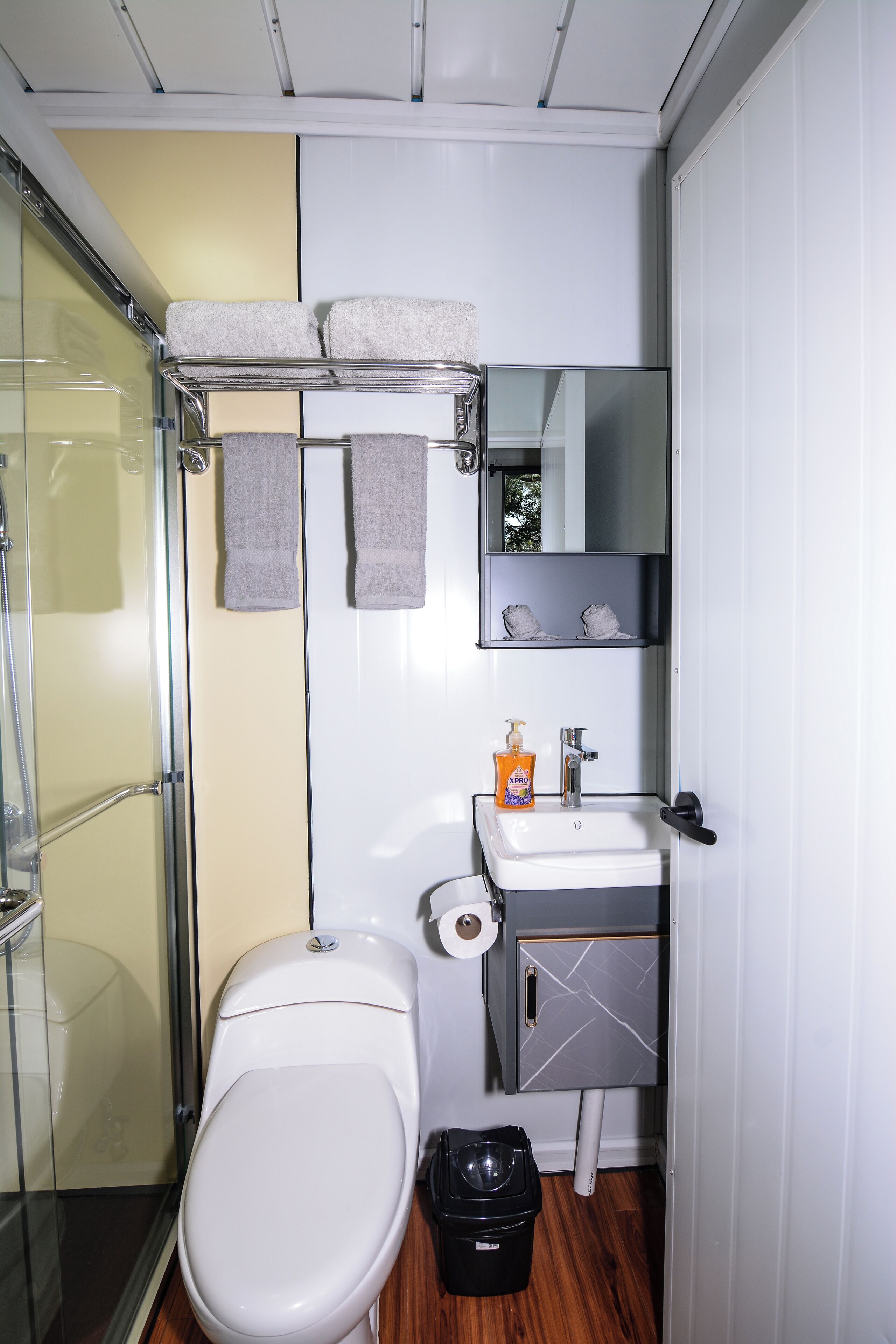 Hair dryer, towels, soap, toilet paper