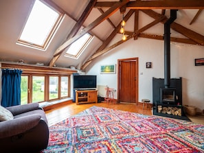 Ein Loft-Zimmer mit großem Fenster, Fernseher, Kamin und farbenfrohem Teppich.