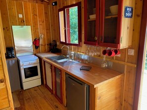 Fridge, oven, electric kettle, toaster