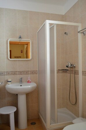 Shower, towels, toilet paper