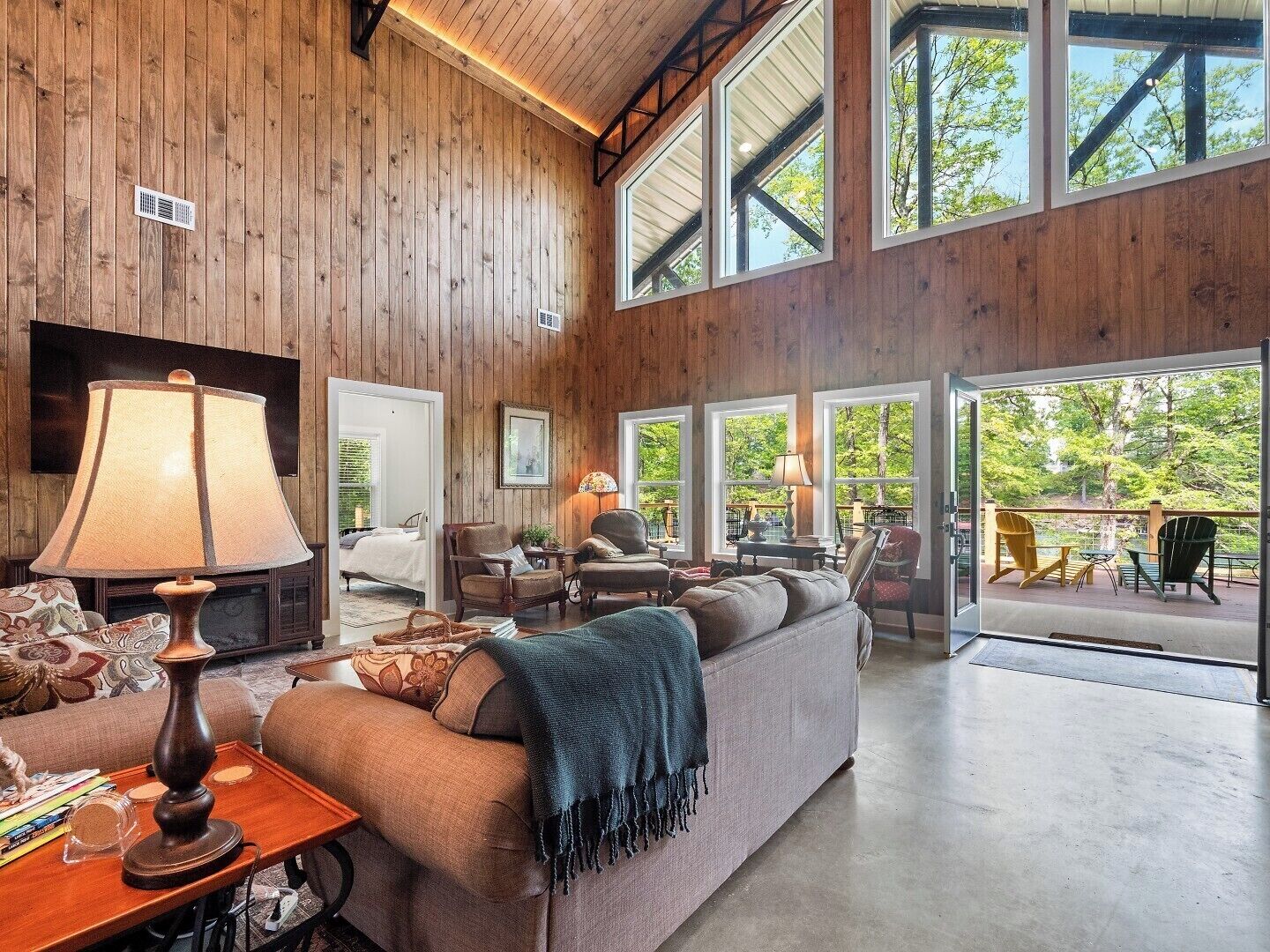 TV, fireplace, books