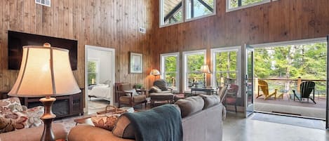 TV, fireplace, books