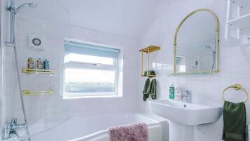 Shower, hair dryer, shampoo