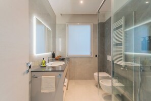 Regadera, secadora de cabello, bidet, toallas 