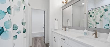 Hair dryer, towels, soap, toilet paper