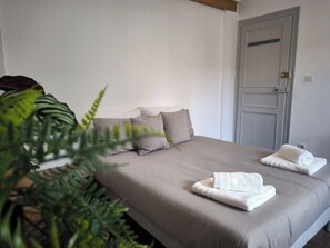 Ein Schlafzimmer mit einem Bett, Kissen, einer Tür und einer Pflanze.