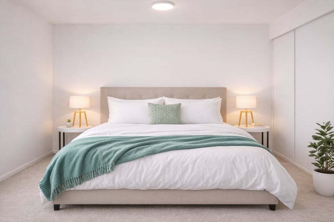 A neatly made bed with a white and green blanket, two bedside lamps, and a potted plant.
