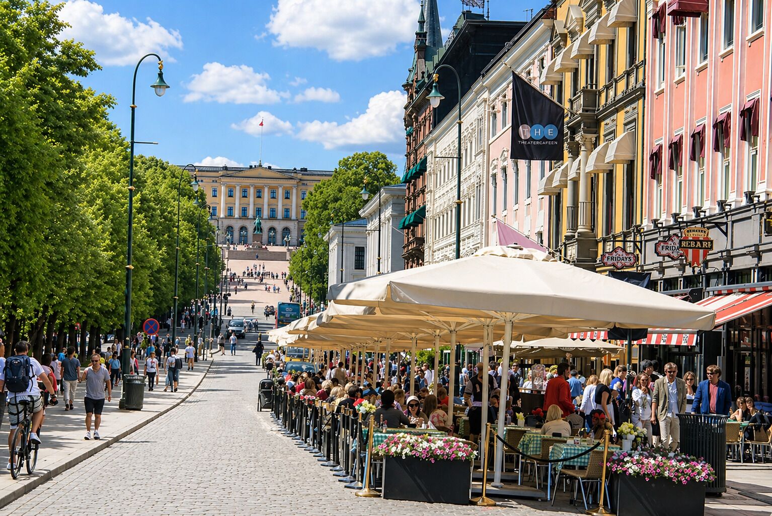 A bustling outdoor café with tables and chairs, surrounded by historic buildings and a clear sky.
