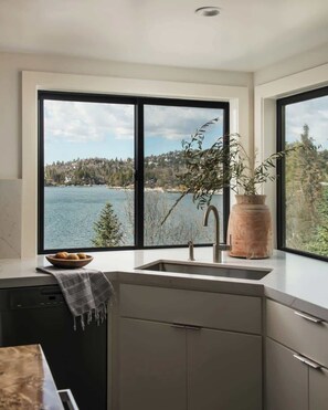 A kitchen with a large window, a sink, and a potted plant. - Emerald Point Retreat, lakefront with dock! (Lake Arrowhead)