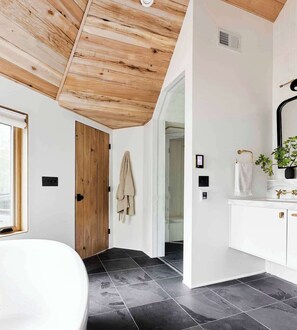 Shower, hair dryer, shampoo - The Mountain House, by designer Emily Henderson (Lake Arrowhead)