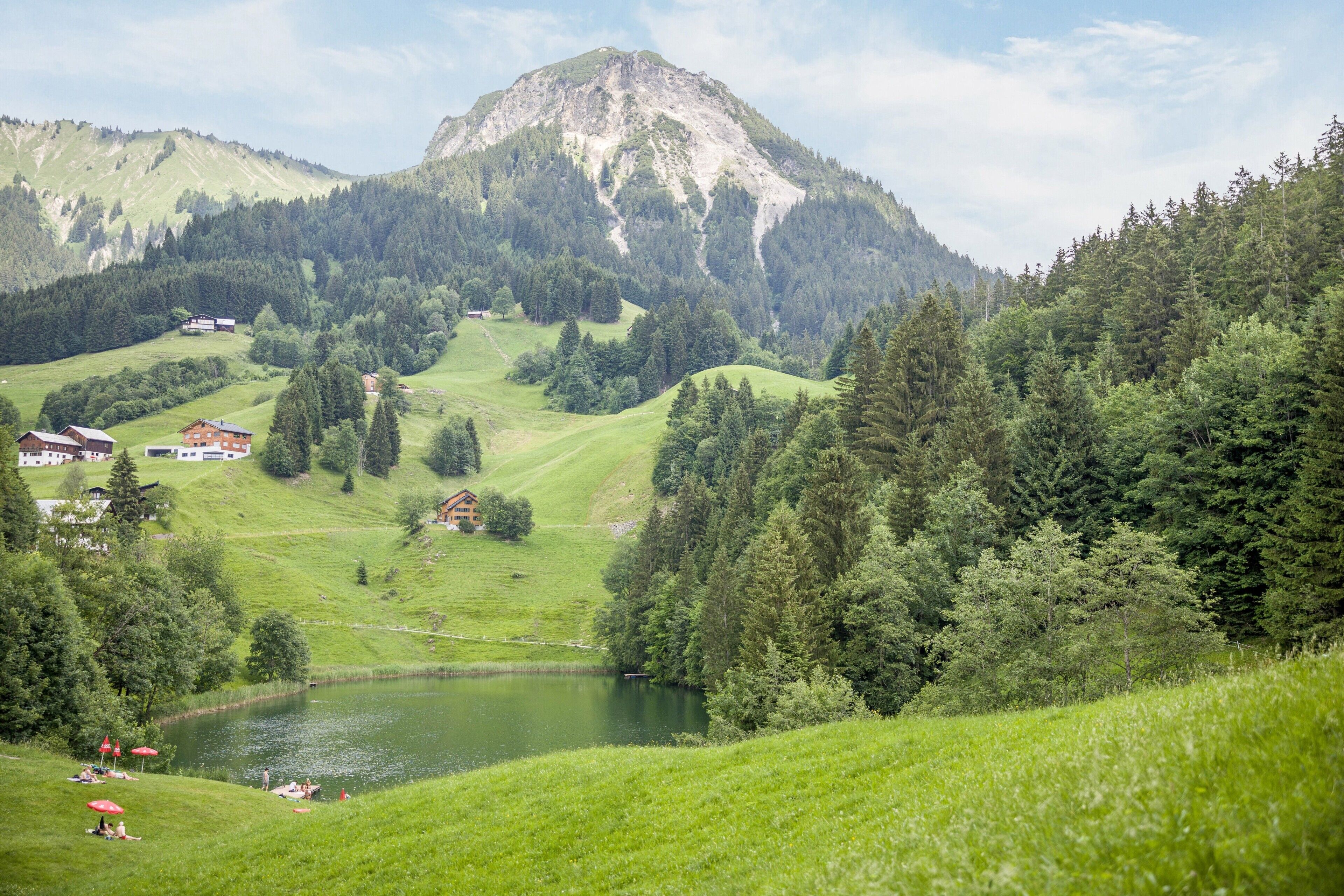 A mountainous landscape with a lake, houses, and trees.