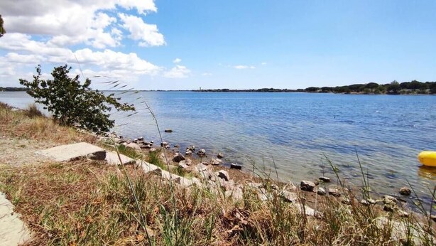 Um lago tranquilo com céu claro, uma pequena árvore e uma bóia amarela.