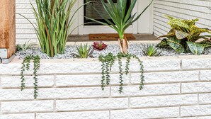A white brick exterior with a black door, a hanging lantern, and various plants. - Designer Luxury 3BR with Pool and Hot Tub, Walk to Main St (Fredericksburg)