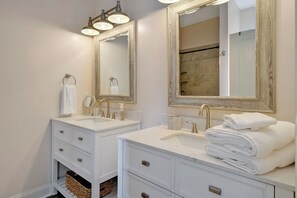 Shower, eco-friendly toiletries, hair dryer, towels - Shaker Beach Bungalow! Mins to Beach w/ Fire Pit + Fenced Yard + Trailer Parking (Wilmington)