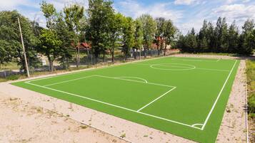 Una cancha deportiva con superficie verde, rodeada de árboles y una valla.
