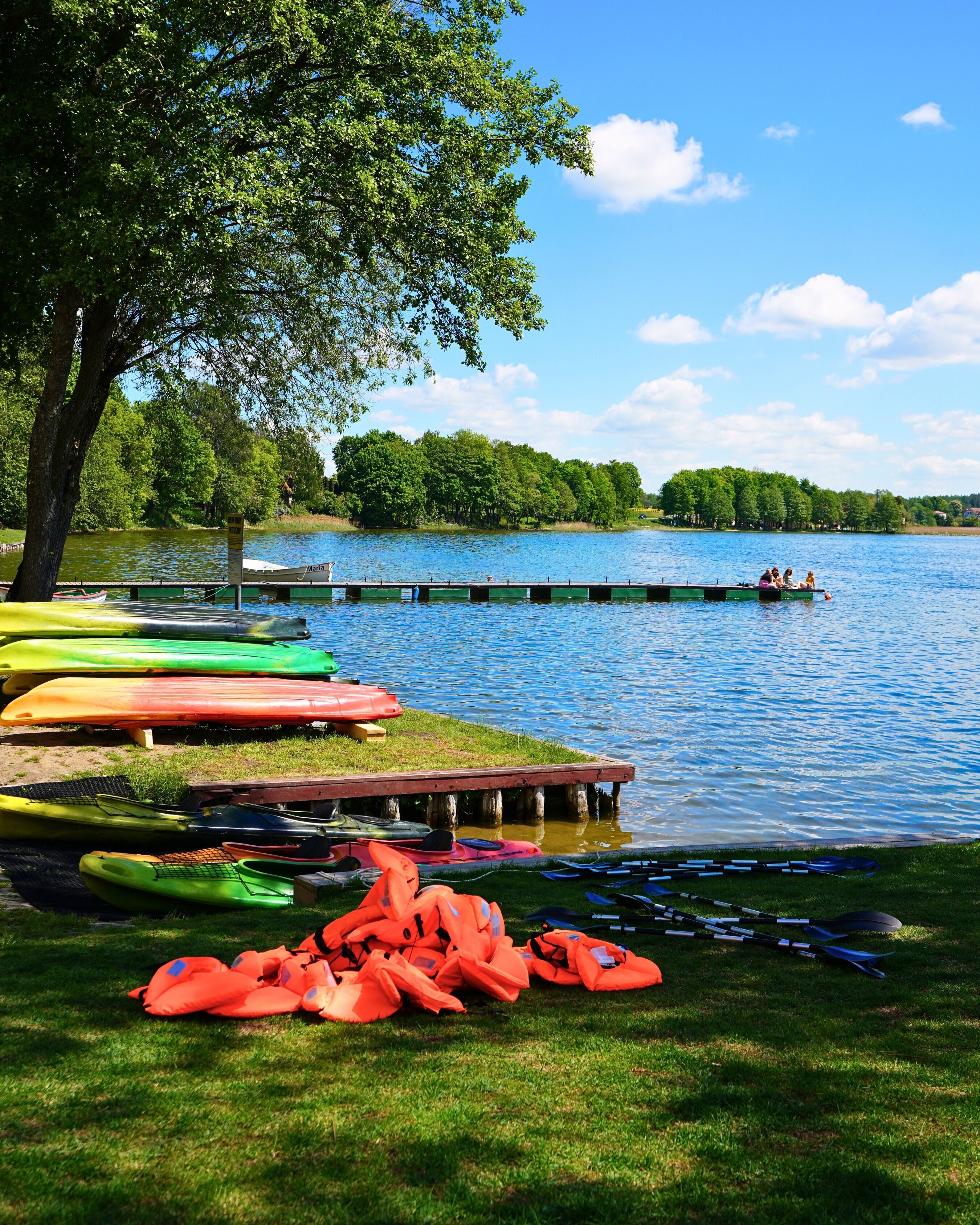 A lakeside setting with canoes and kayaks docked at a pier, surrounded by lush greenery and a clear sky.