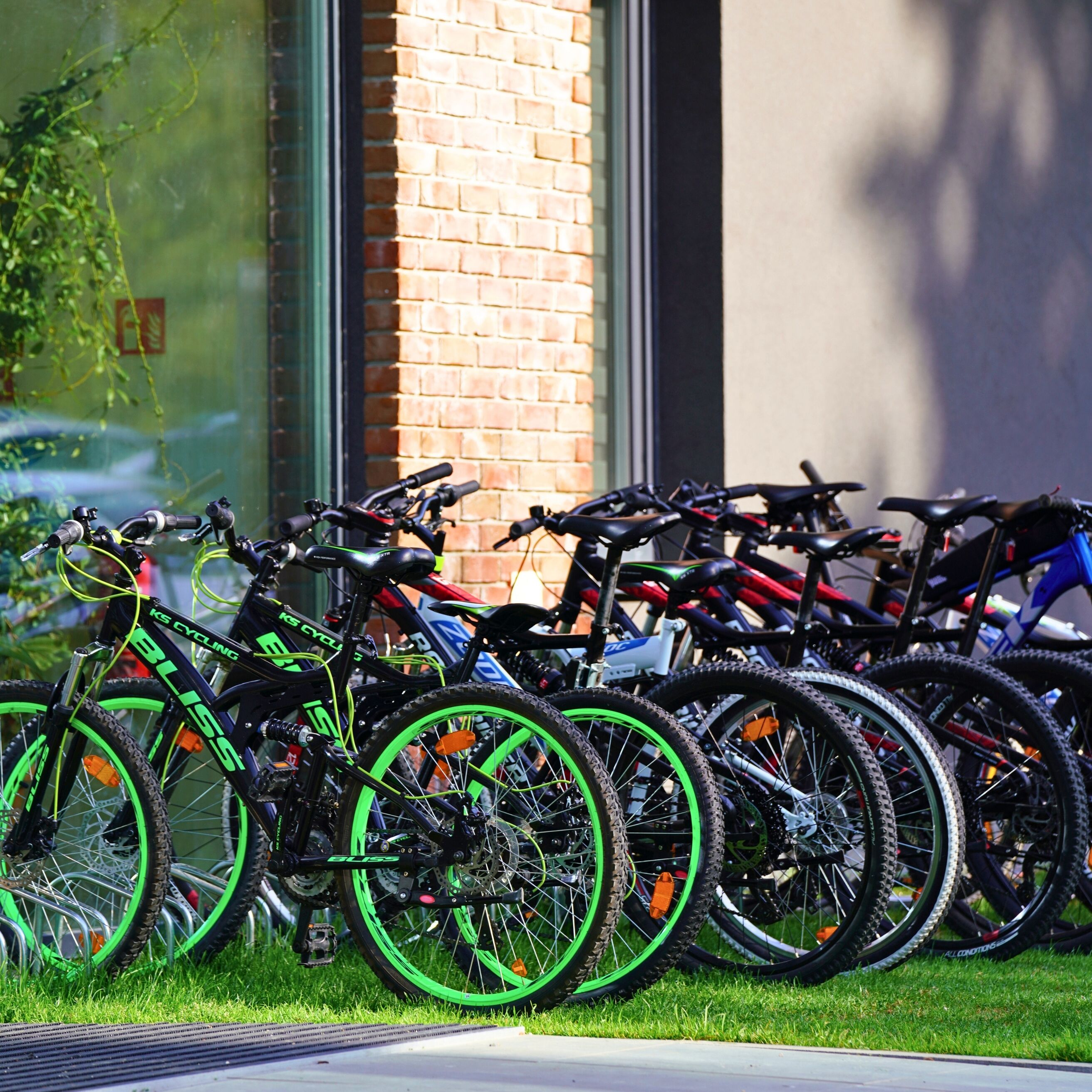 Une rangée de vélos est garée contre un bâtiment dont le mur est en briques.