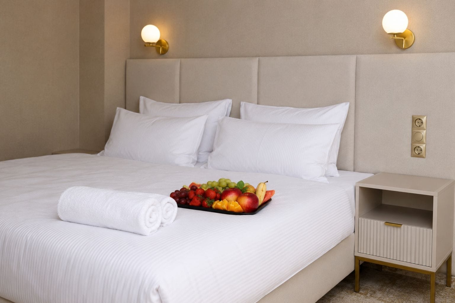 Ein Hotelzimmer mit einem großen Bett, weißen Bettwäsche, einer Obstschale und einem Nachttisch mit Lampe.