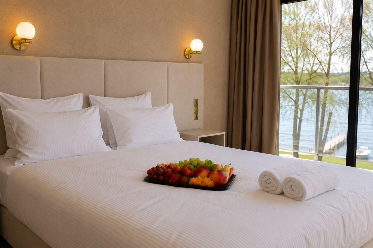 Hotelkamer met groot bed, witte beddengoed, een fruitplateau, twee opgerolde handdoeken en uitzicht op een meer door een raam.