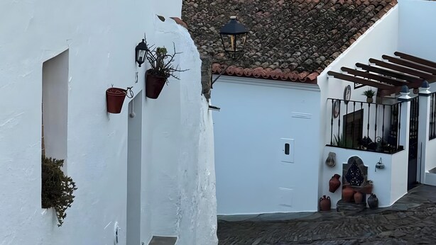 A narrow cobblestone street flanked by white buildings with terracotta roofs, potted plants, and a stone lantern.