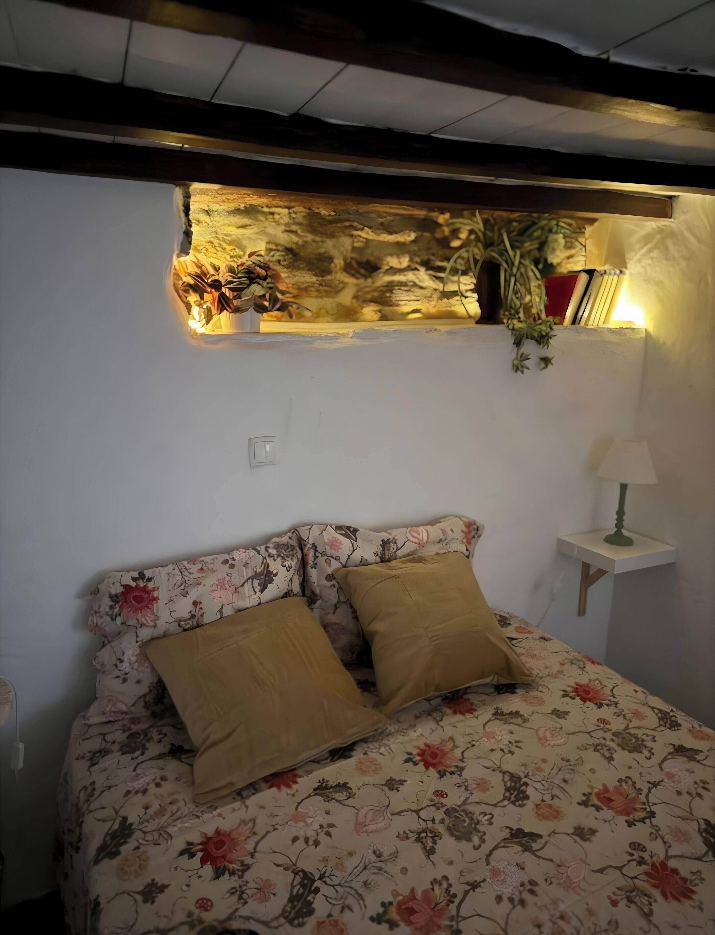 A bedroom with a floral bedspread, two pillows, a bedside lamp, and a shelf with books and plants.