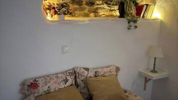 A bedroom with a floral bedspread, two pillows, a bedside lamp, and a shelf with books and plants.