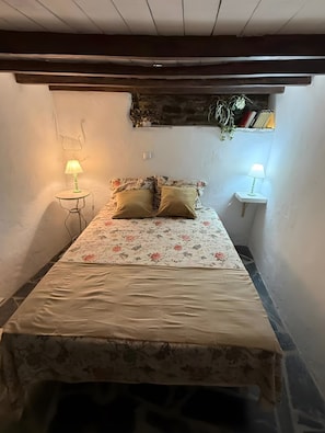 Une chambre à coucher avec un lit, deux lampes de chevet, une petite table, une étagère avec des livres et une plante.