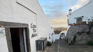 A narrow cobblestone street with a white building labeled 'Casa Tia Anica' and a green trash bin.
