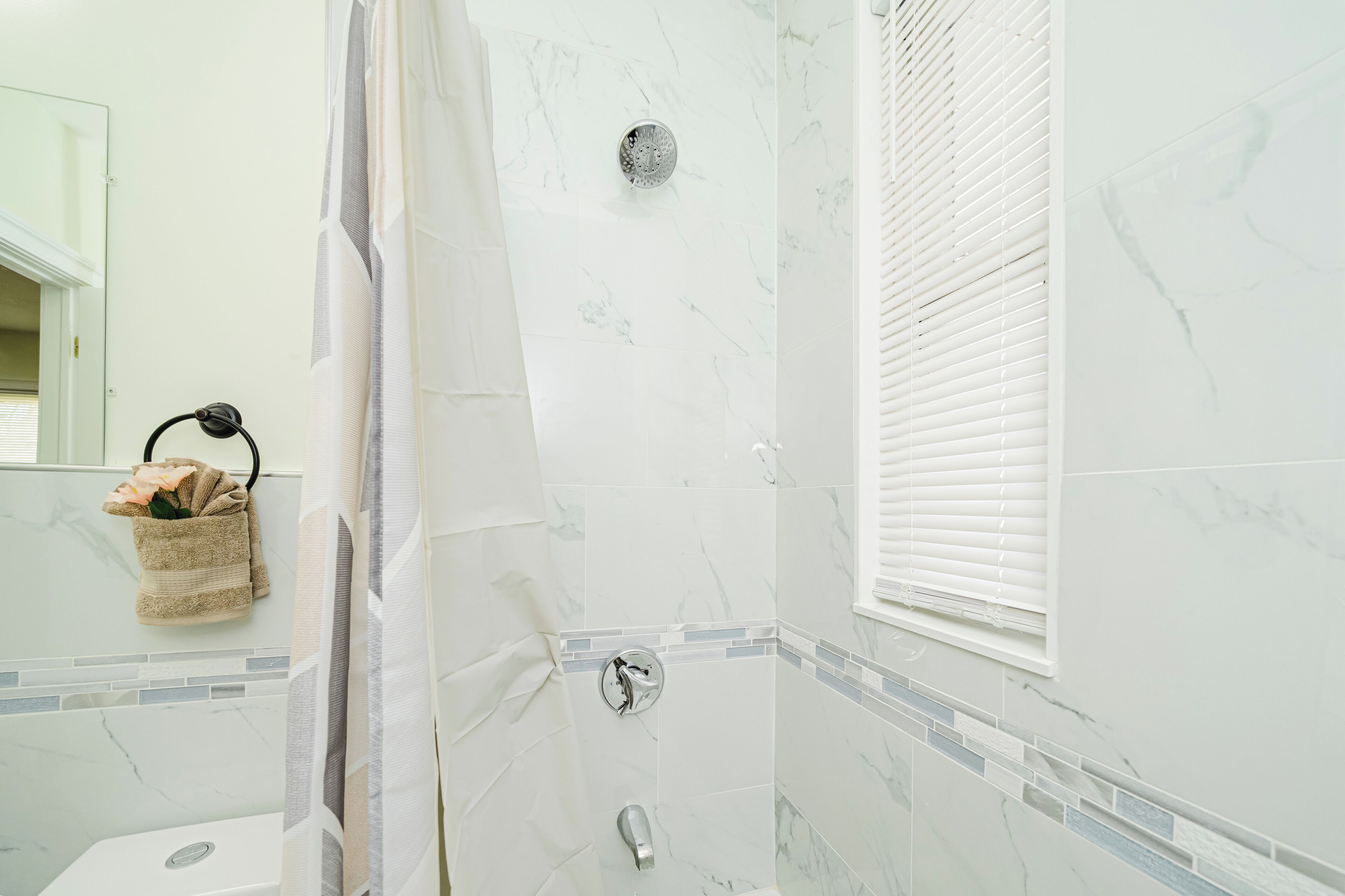 Hair dryer, towels, soap, shampoo