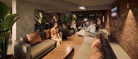 A modern lounge area with sofas, a coffee table, and a brick wall.
