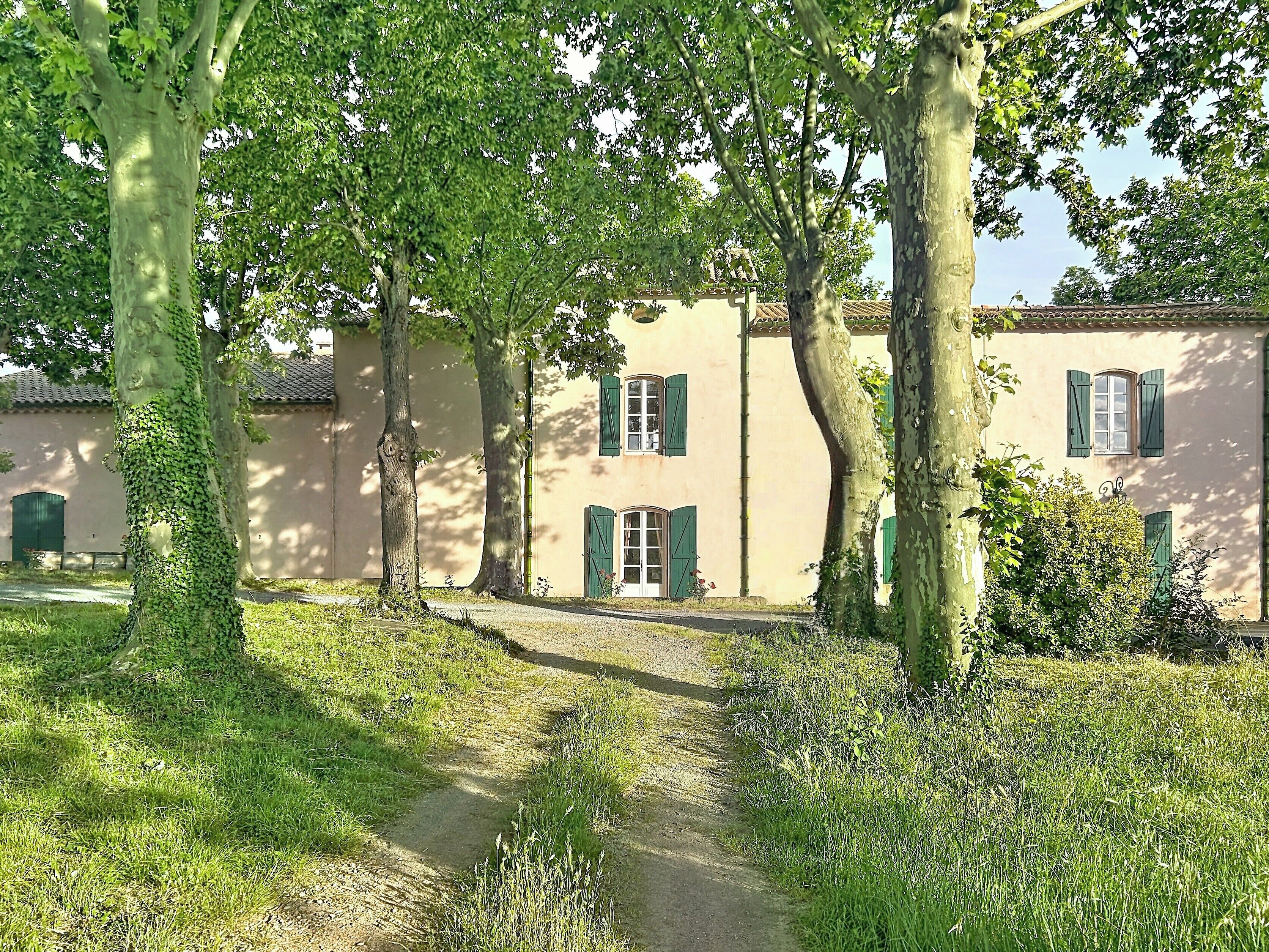 En byggnad med en traditionell arkitektonisk stil, omgiven av träd och en grusgång.