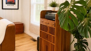 A room with a bed, a wooden cabinet, a potted plant, and a framed picture on the wall. - Sunapee Shore and Summit (Newbury)