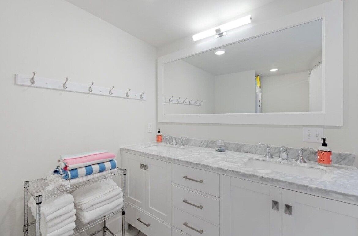 Hair dryer, towels, soap, toilet paper