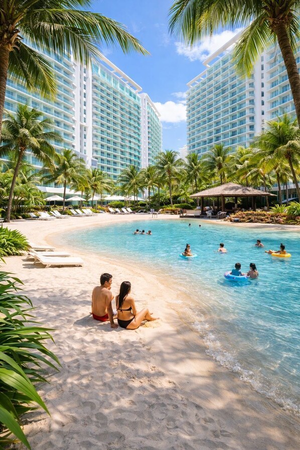 A resort with a swimming pool, palm trees, and beach chairs.