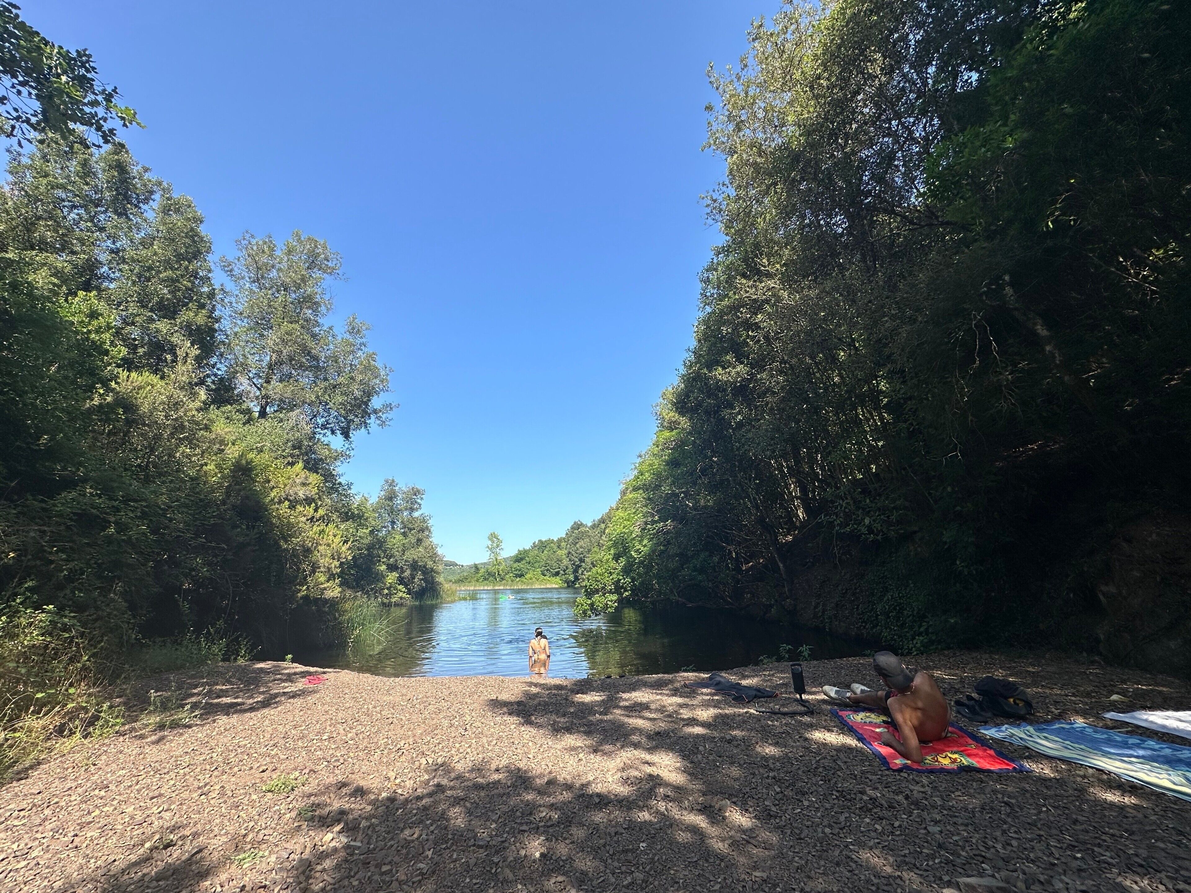 A natural setting with a river, trees, and a gravel path.