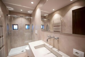 Un baño moderno con ducha de vidrio, un espejo grande y un lavabo blanco.
