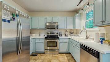A kitchen with stainless steel appliances, light blue cabinets, and a dishwasher.