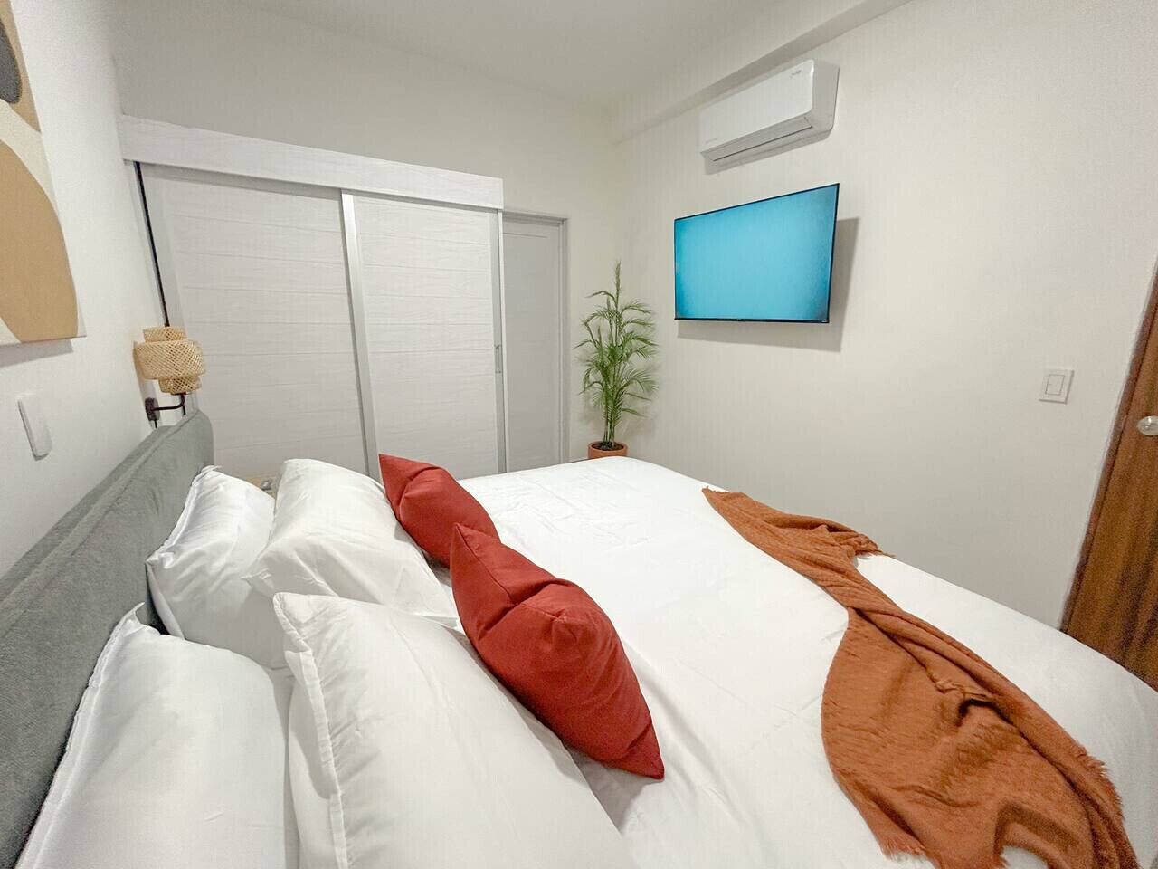 A hotel room with a bed, a TV, a plant, and a sliding door.