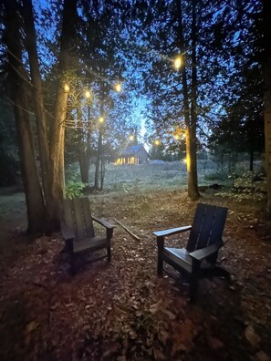 Deux chaises en bois, placées dans un espace boisé, avec des guirlandes lumineuses suspendues au-dessus.