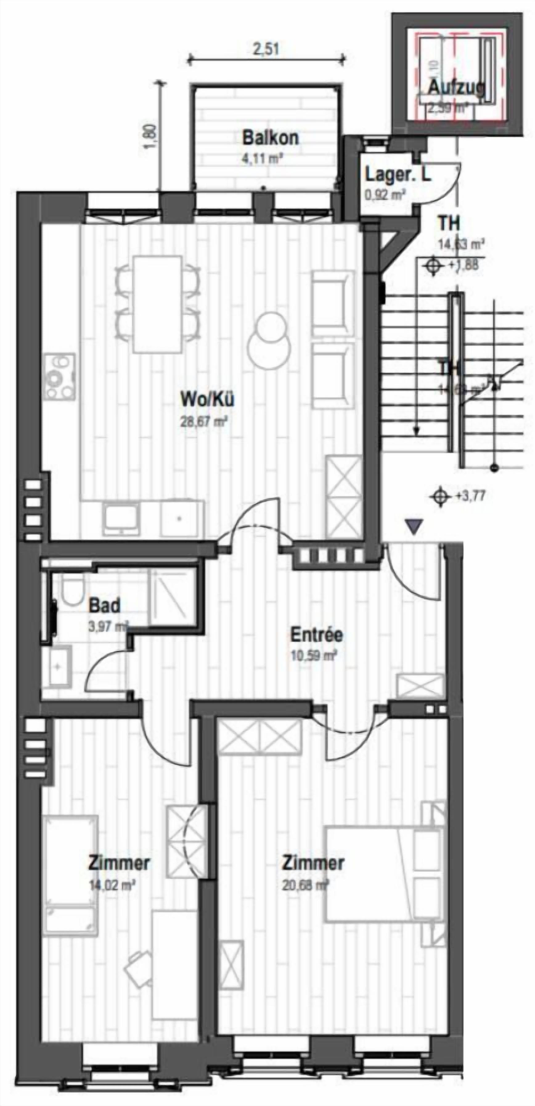 Plano de planta de un hotel con balcón, sala de estar, dos dormitorios, un baño y cocina.