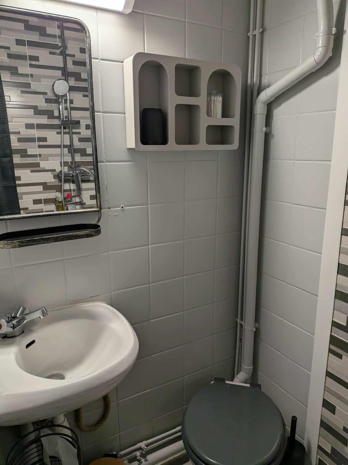 A bathroom with a sink, toilet, and a mirror.