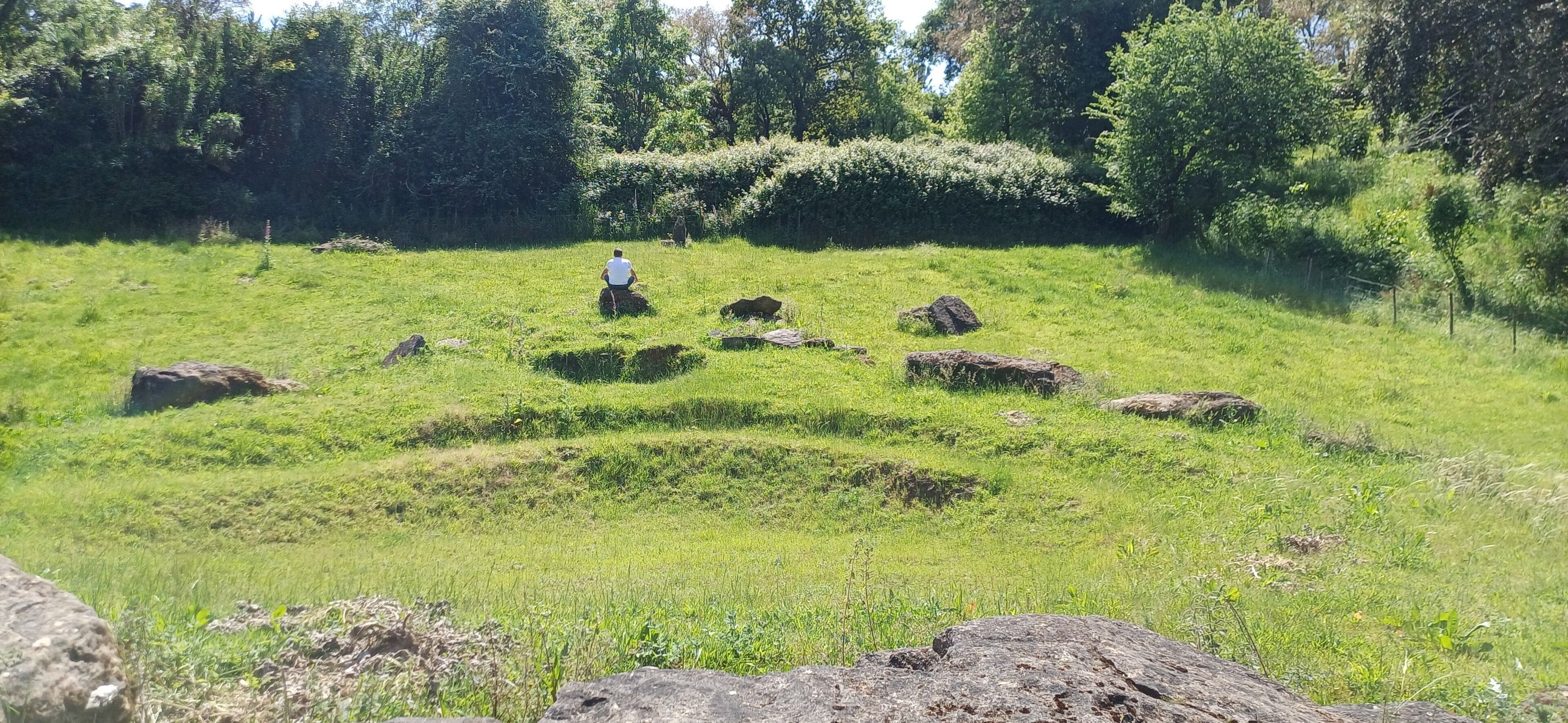 Una persona sentada sobre una roca en un campo cubierto de hierba, con árboles al fondo.