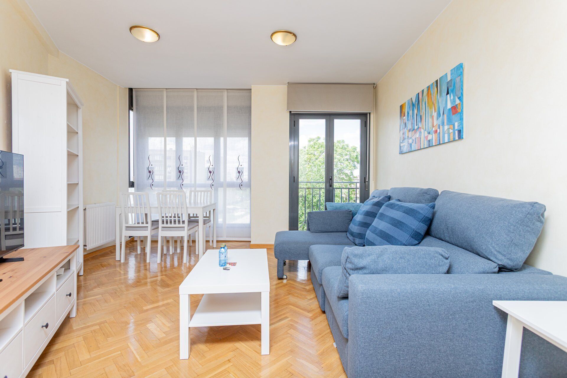 A living room with a sofa, a coffee table, a TV, and a dining area with chairs and a table.