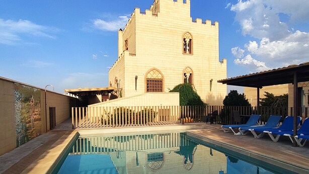 A swimming pool with a castle-like building in the background.