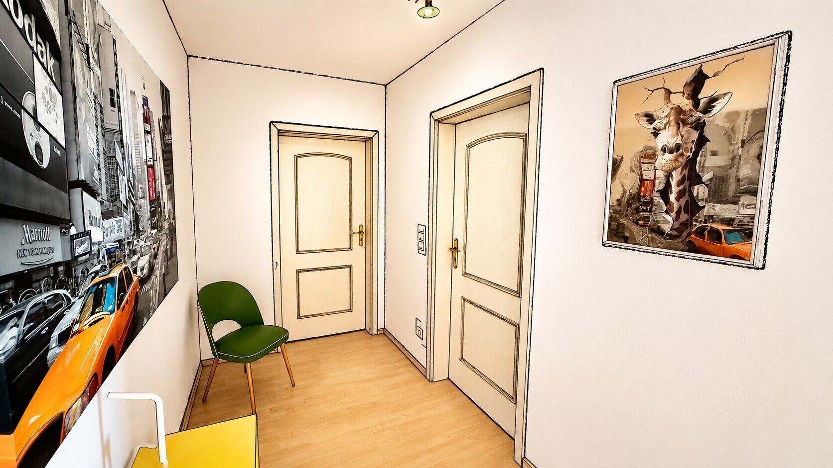 A hallway with a green chair, two doors, and a wall with a framed picture.
