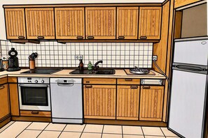 Eine Küche mit Holzausstattung, einem Geschirrspüler, einem Herd und einem Kühlschrank.