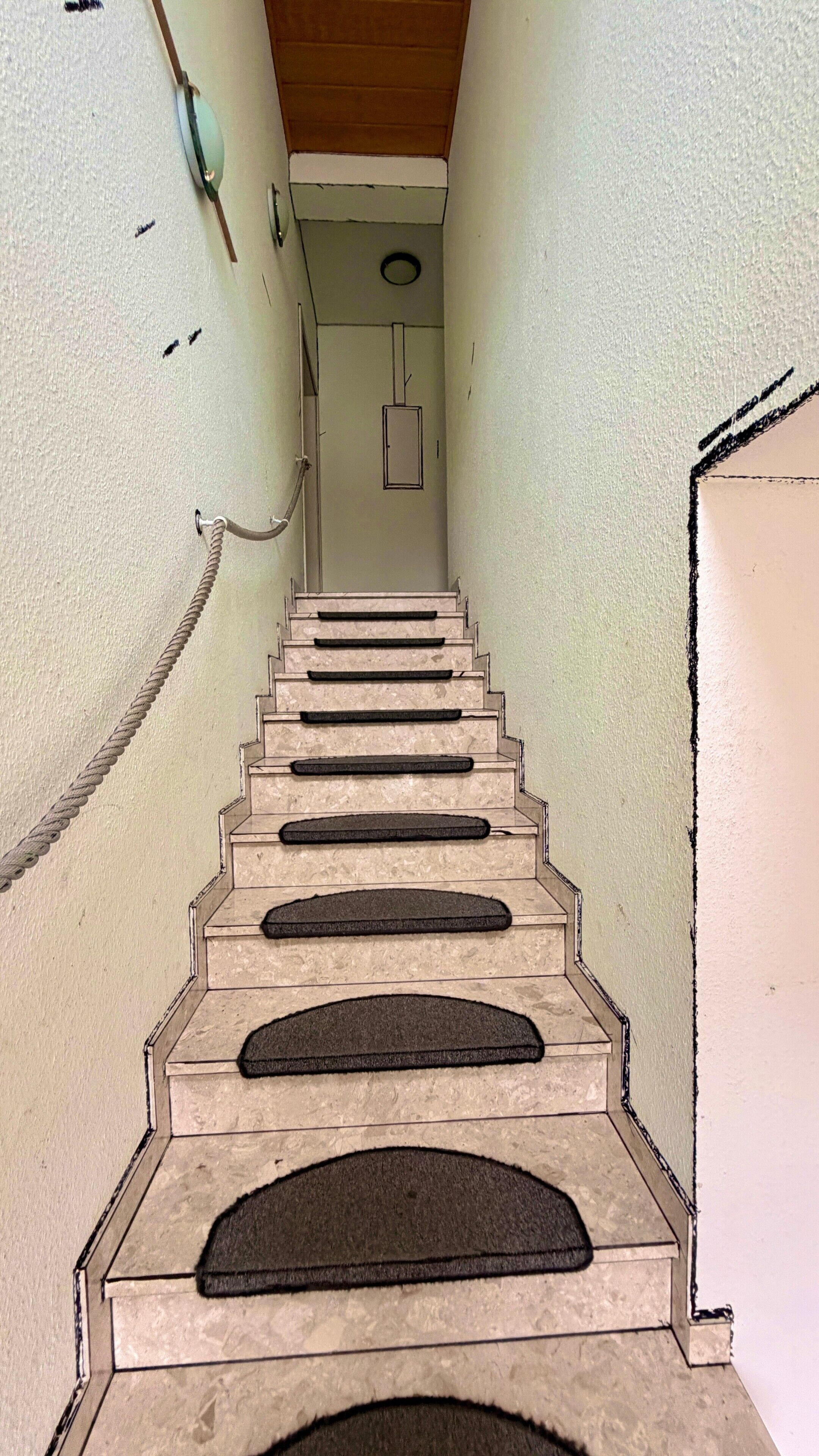 A staircase with carpeted steps leading to a landing.