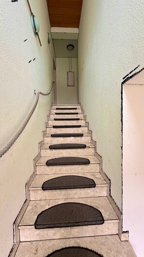 A staircase with carpeted steps leading to a landing. - Holiday Home 'Whirlpool Kicker Sauna Bikepark' with Private Sauna, Mountain View, Terrace and Wi-Fi (Kemmenau)