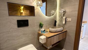 A modern bathroom with a toilet, sink, and mirror.