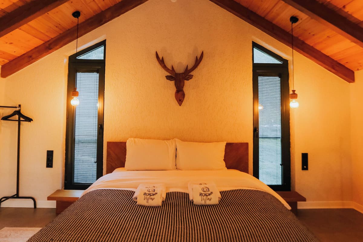 A bedroom with a wooden ceiling, a bed with a checkered bedspread, a mounted deer head on the wall, and two windows with blinds.